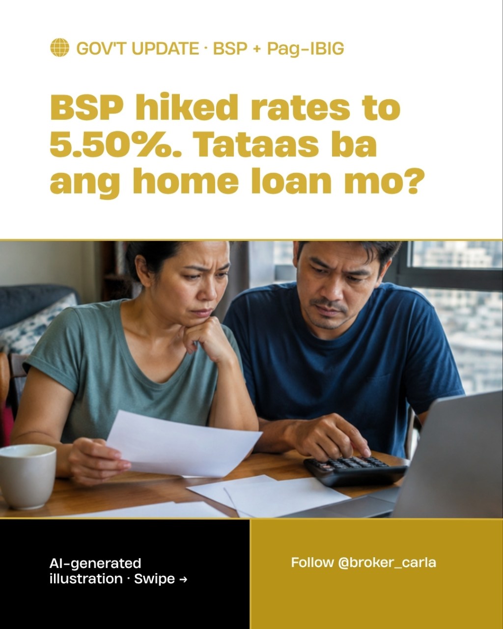 AI-generated illustration: Filipino couple reviewing home loan papers after the BSP rate hike to 5.50%
