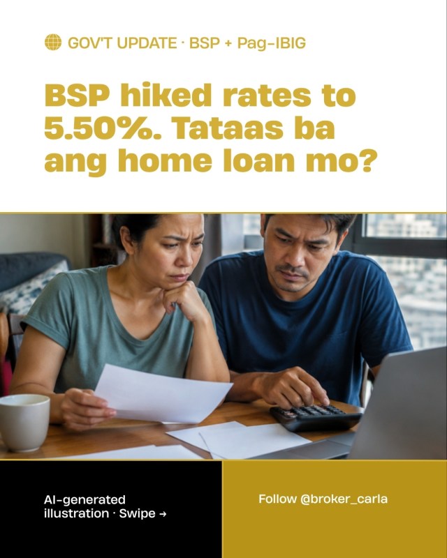 AI-generated illustration: Filipino couple reviewing home loan papers after the BSP rate hike to 5.50%