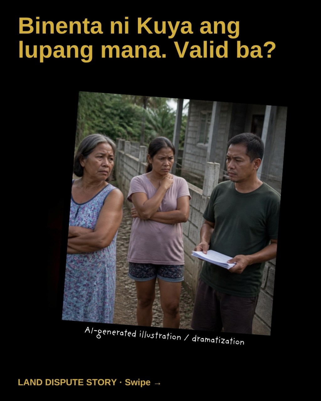 AI-generated illustration / dramatization: a Filipino mother and two adult children standing tensely by a hollow-block fence on a provincial lot, one holding papers