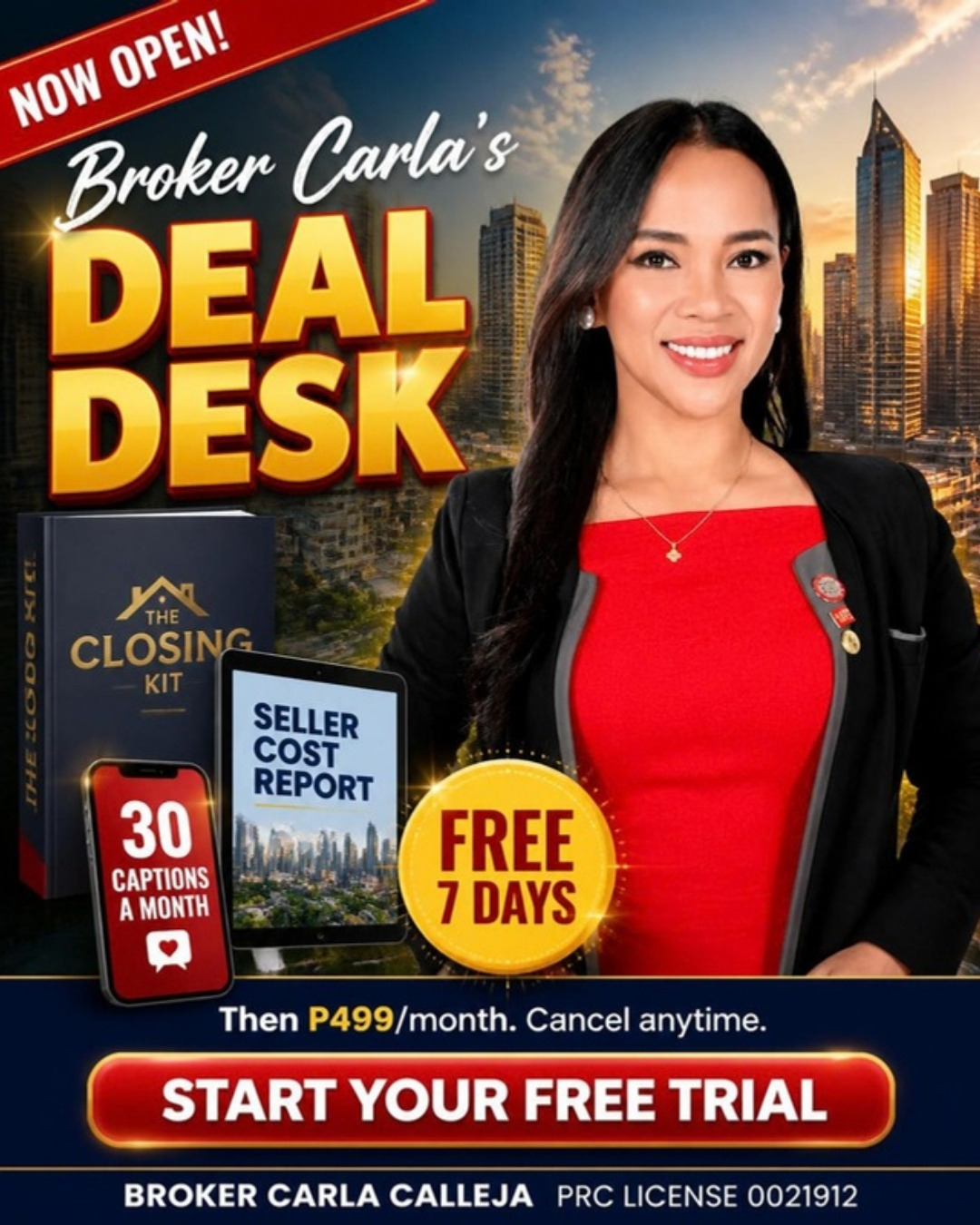 Broker Carla's Deal Desk launch poster featuring Broker Carla Calleja