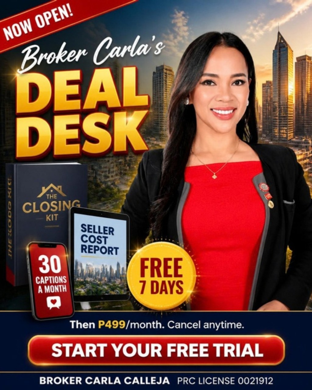Broker Carla's Deal Desk launch poster featuring Broker Carla Calleja