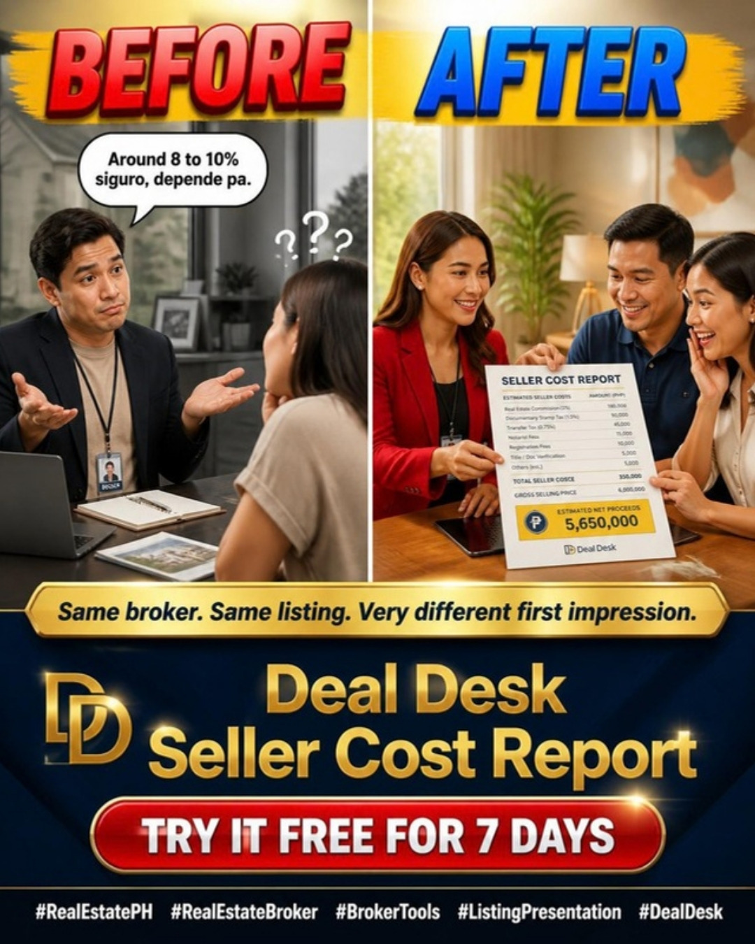 Before and after: a guessed cost estimate versus an itemized Seller Cost Report
