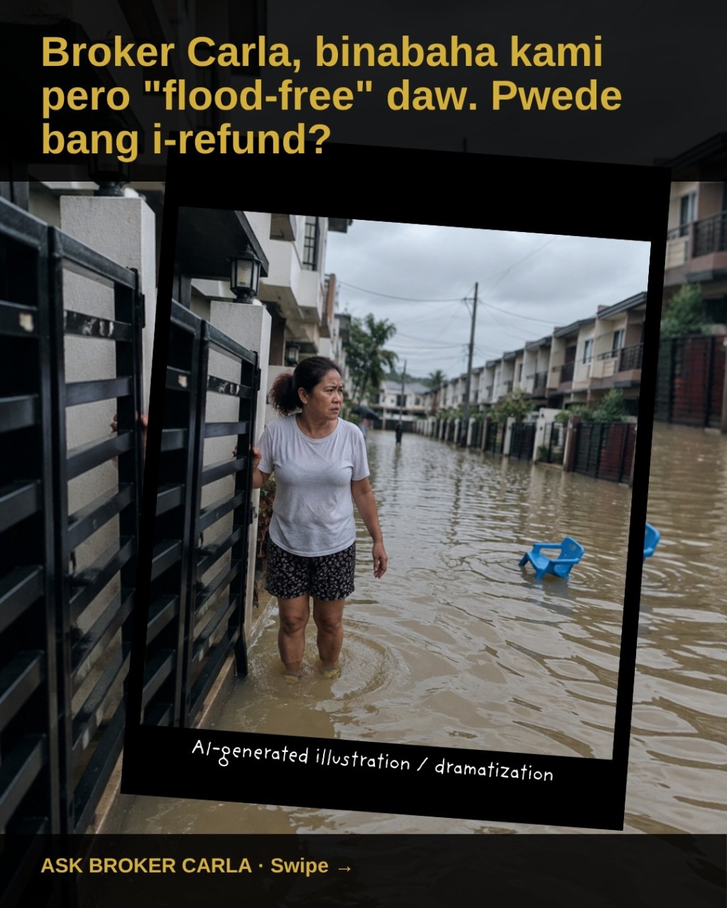 AI-generated illustration / dramatization: worried homeowner standing in floodwater at her townhouse gate in a Philippine subdivision