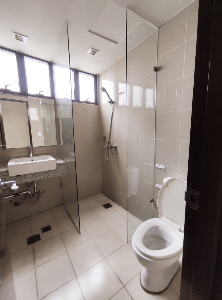 Bathroom with glass shower enclosure and windows, The Florence McKinley Hill