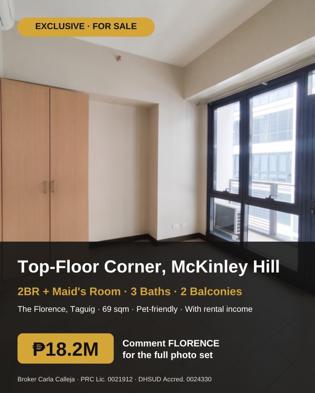 The Florence McKinley Hill top-floor corner 2BR + maid's room for sale at ₱18.2M