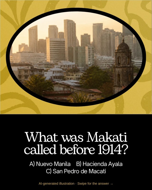 AI-generated illustration: Makati skyline at golden hour with an old church bell tower, quiz What was Makati called before 1914
