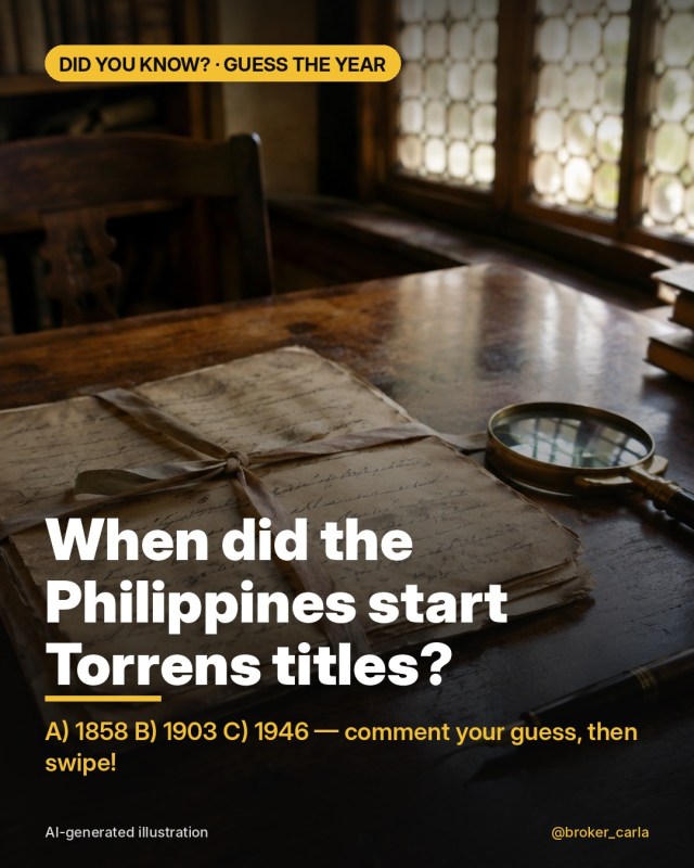 AI-generated illustration: antique Spanish-era land documents with a magnifying glass on a narra desk