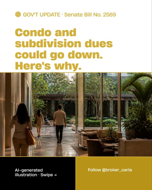 AI-generated illustration: residents walking through a Metro Manila condominium lobby and garden, with the headline Condo and subdivision dues could go down