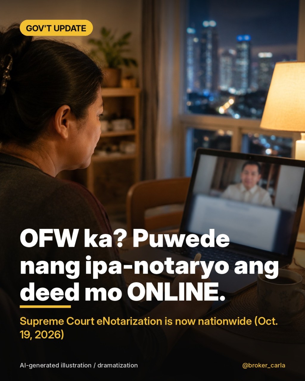 AI-generated illustration: a Filipina OFW abroad on a video call with a lawyer to notarize a document online