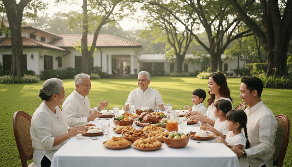 AI illustration of a Filipino family having Sunday lunch in a large garden