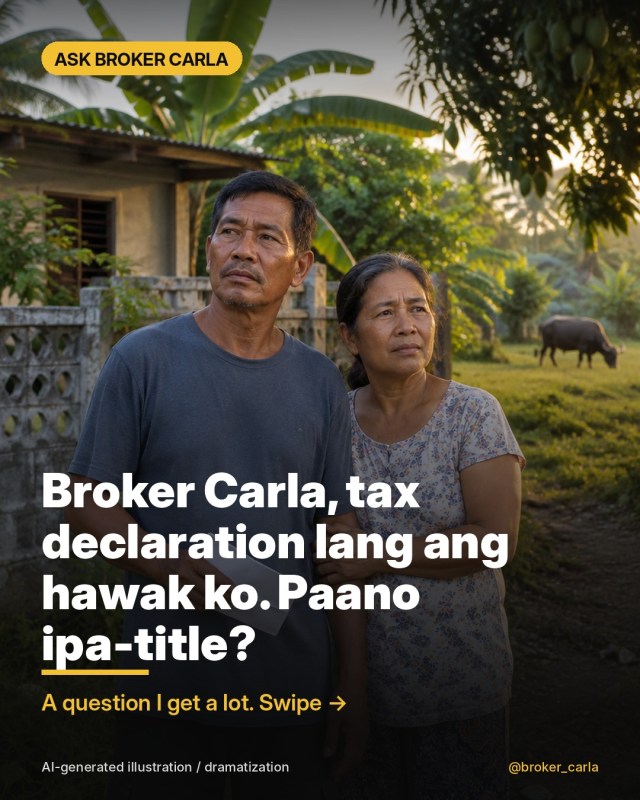 AI-generated illustration / dramatization: a Filipino couple on their provincial lot in Batangas holding a paper