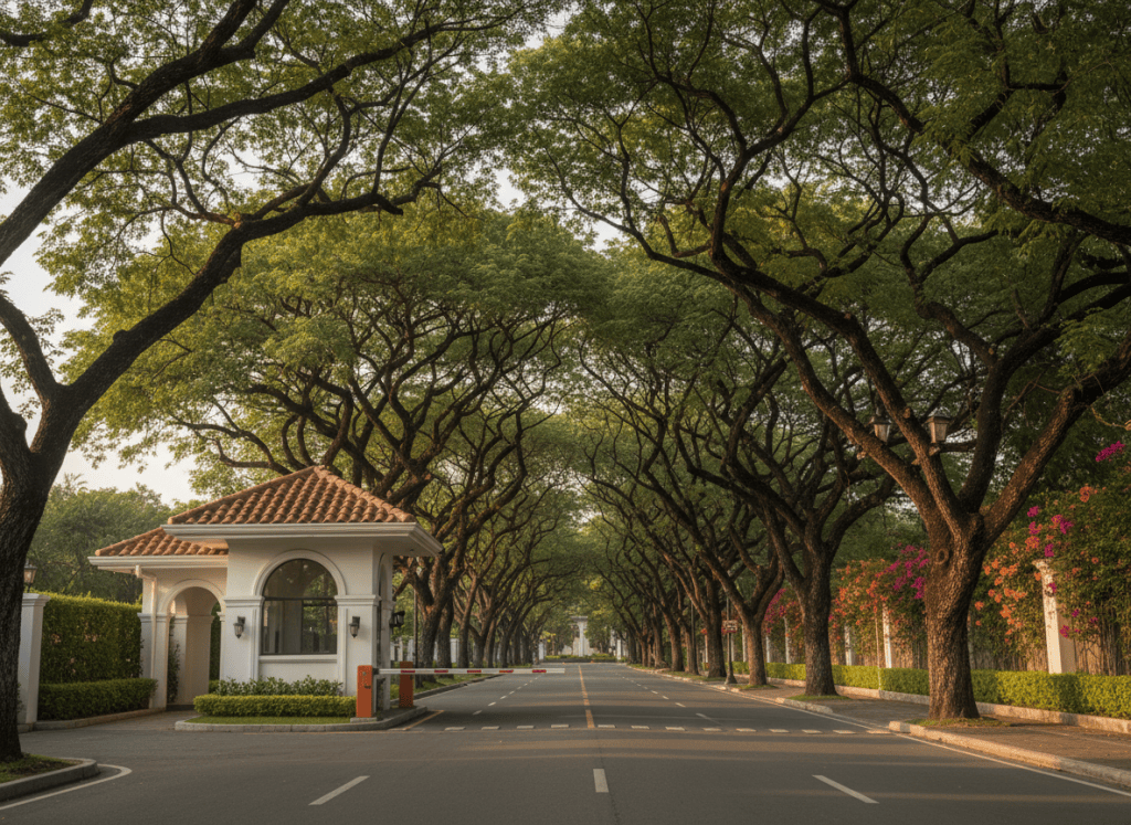 AI illustration of a tree-lined gated village entrance
